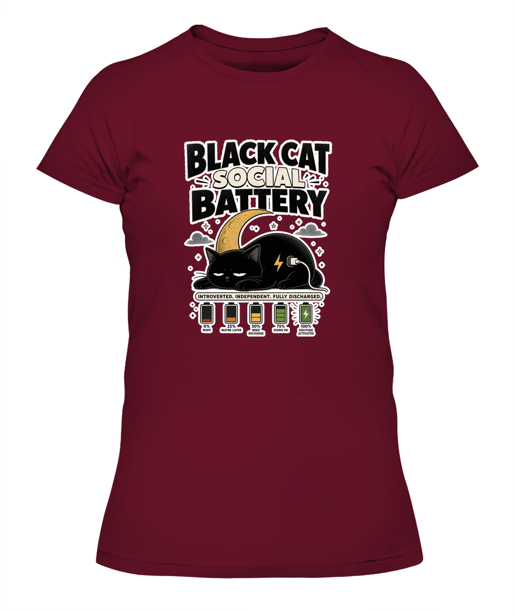 Black Cat Social Battery Ladies T-Shirt | Black Cat Lover Gift