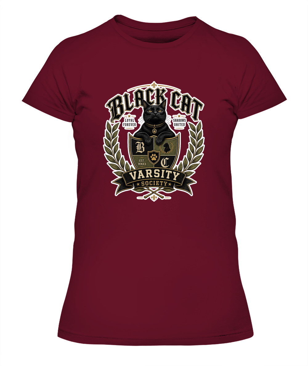 Black Cat Varsity Society Ladies T-Shirt | Black Cat Lover Gift