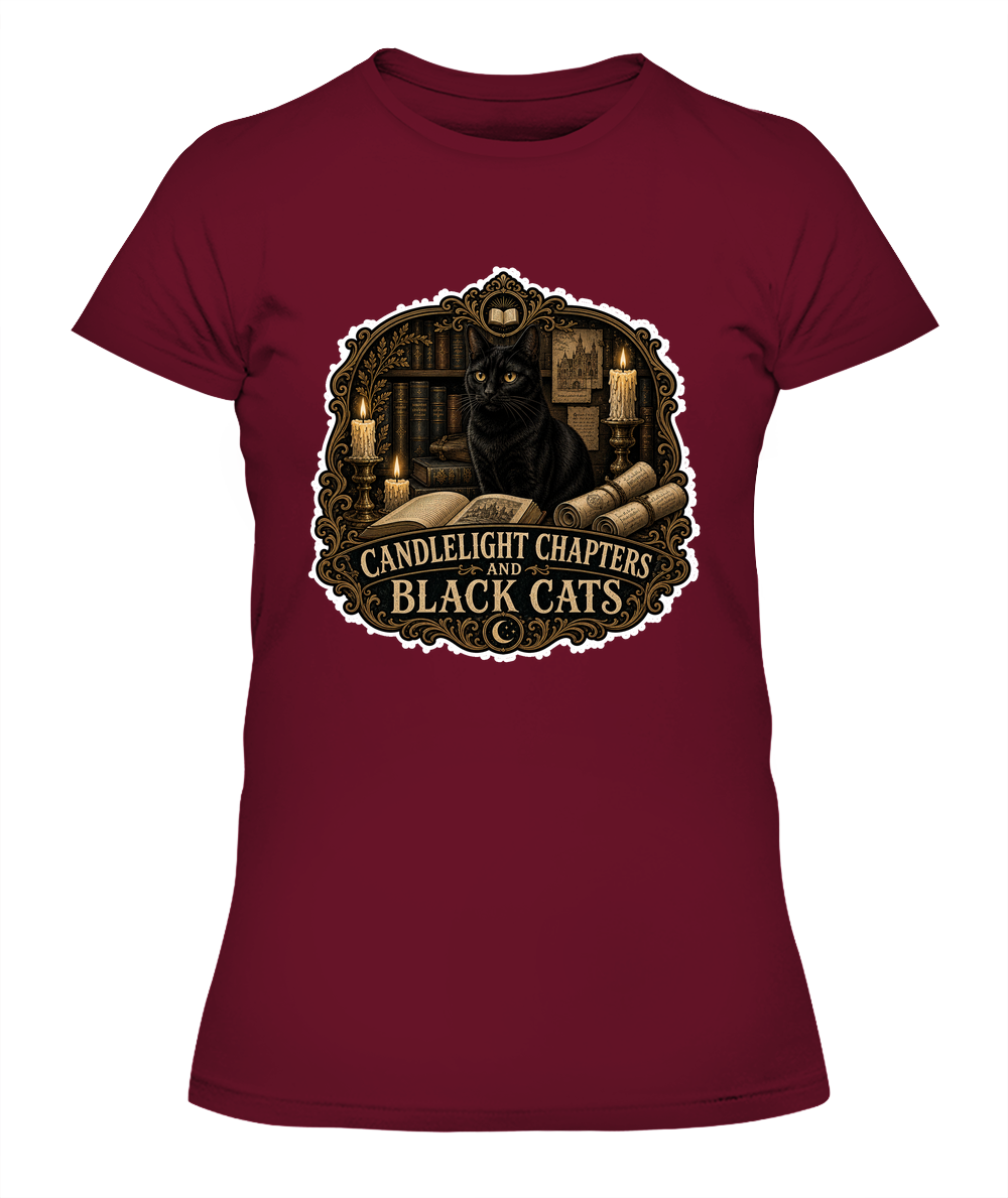 Candlelight Chapters and Black Cats Ladies T-Shirt | Black Cat Lover Gift