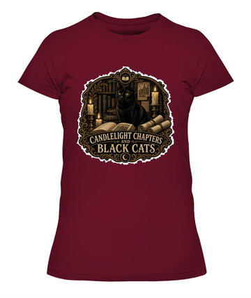 Candlelight Chapters and Black Cats Ladies T-Shirt | Black Cat Lover Gift