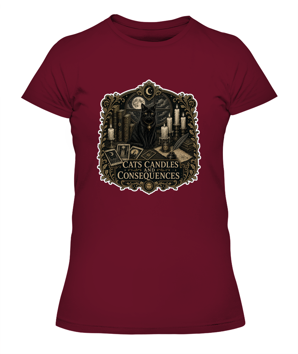 Cats Candles and Consequences Ladies T-Shirt | Black Cat Lover Gift