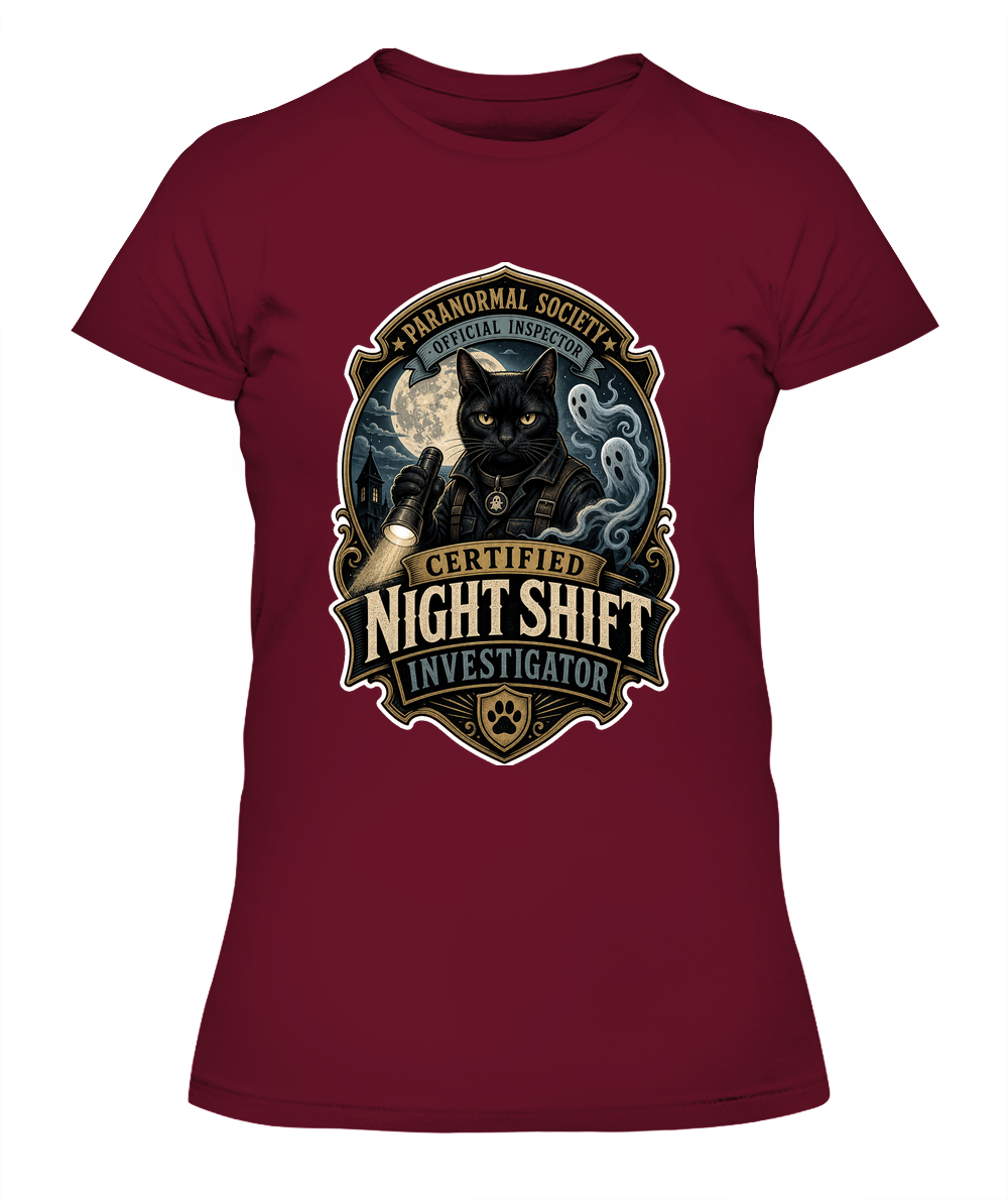 Certified Night Shift Investigator Ladies T-Shirt | Black Cat Lover Gift
