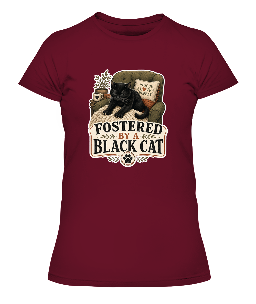 Fostered by a Black Cat Ladies T-Shirt | Black Cat Lover Gift