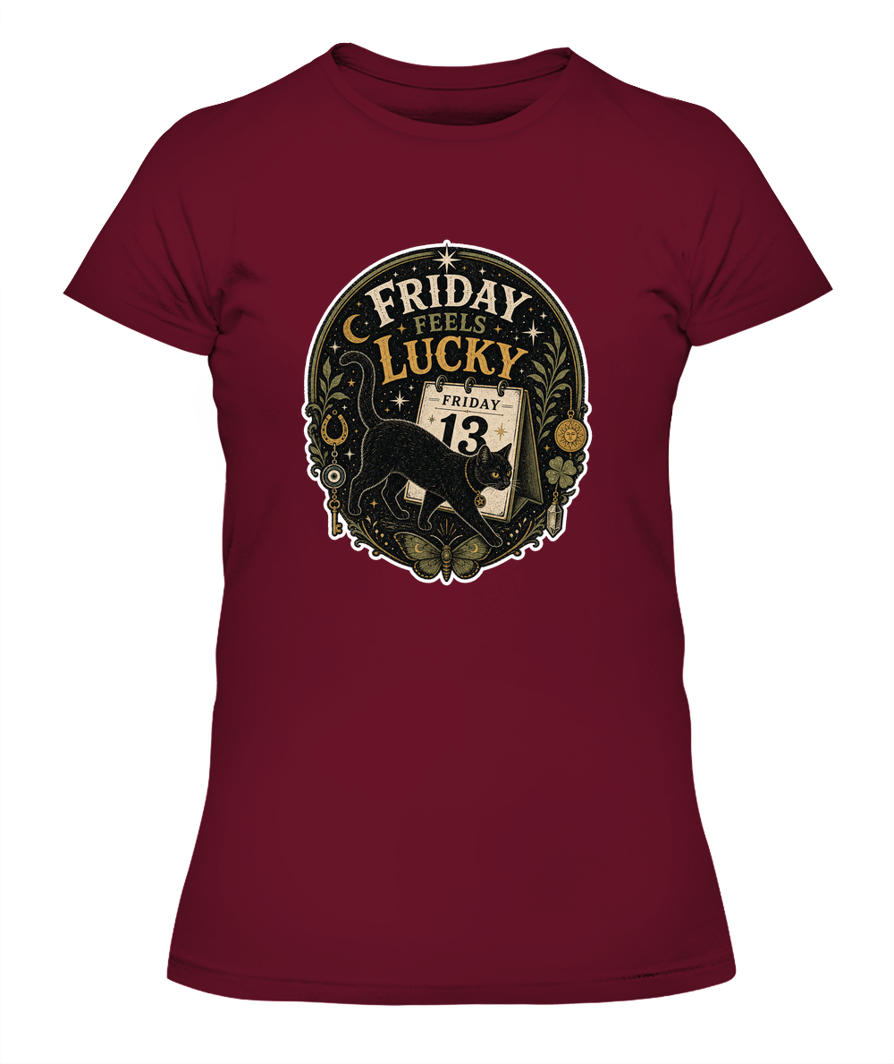 Friday Feels Lucky Ladies T-Shirt | Black Cat Lover Gift