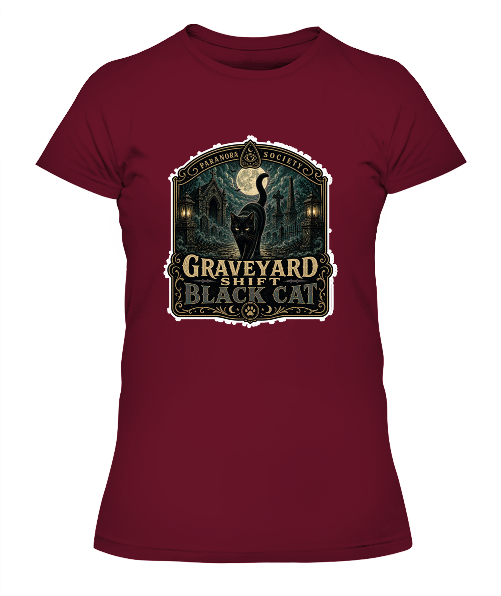 Graveyard Shift Black Cat Ladies T-Shirt | Black Cat Lover Gift