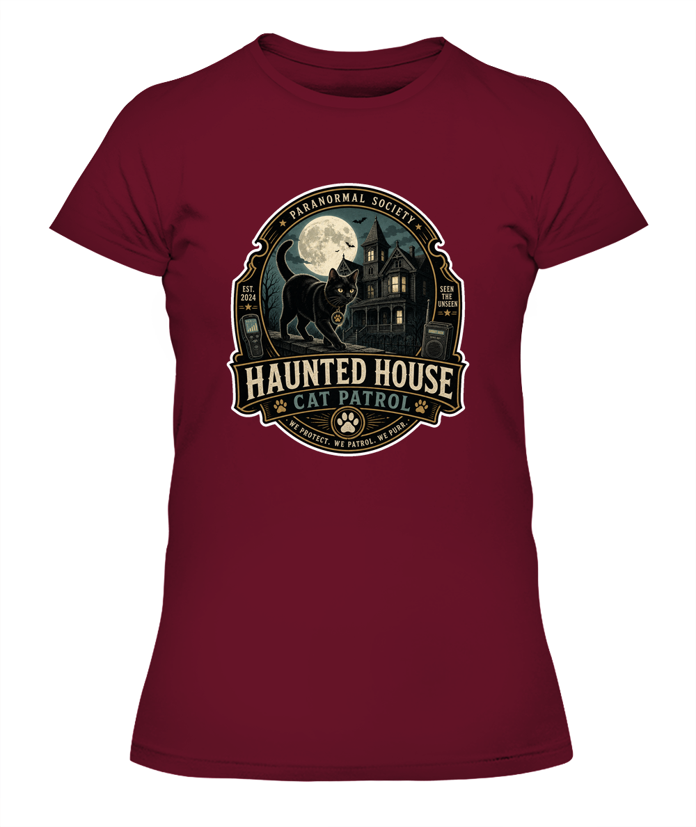 Haunted House Cat Patrol Ladies T-Shirt | Black Cat Lover Gift