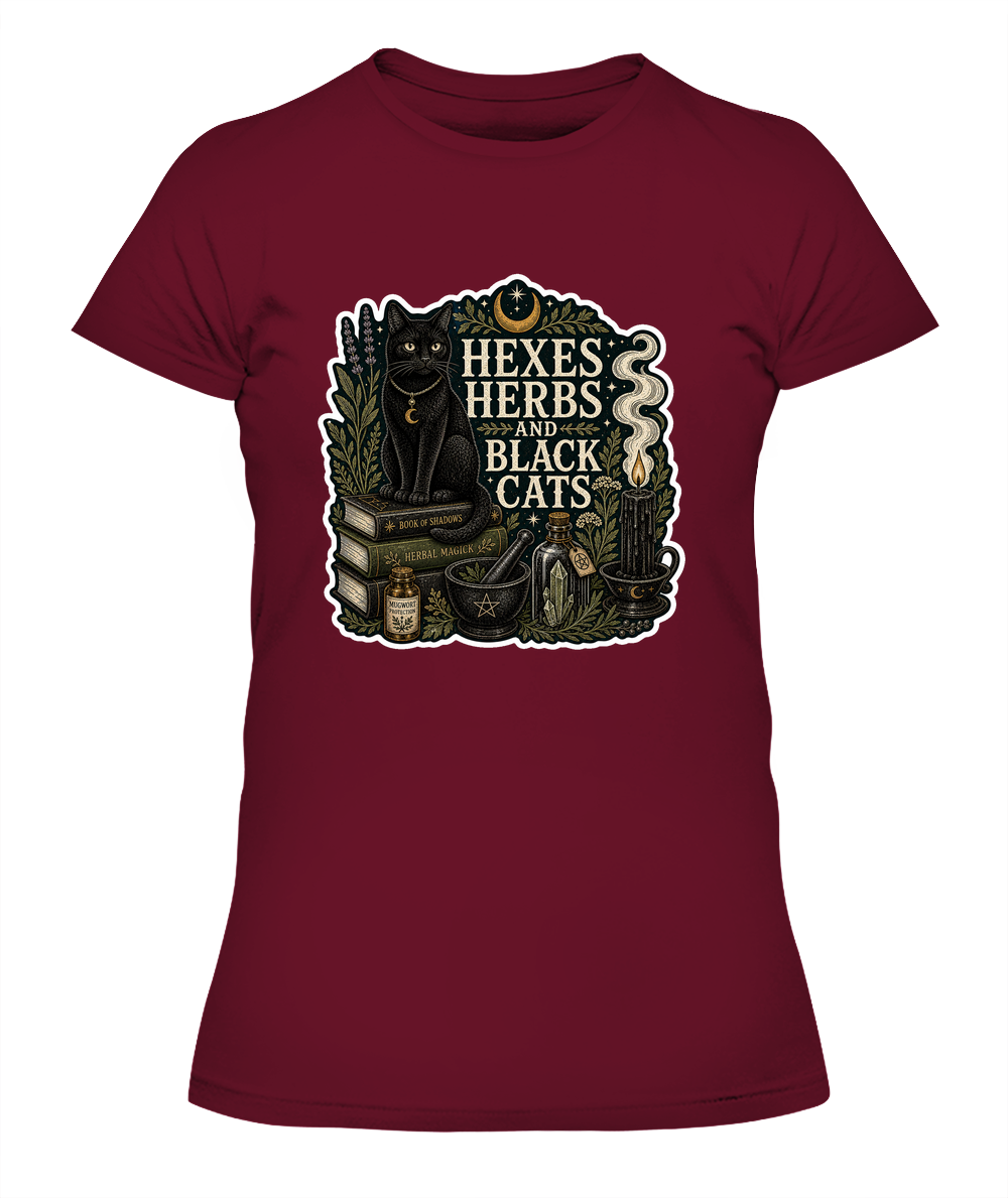 Hexes Herbs and Black Cats Ladies T-Shirt | Black Cat Lover Gift