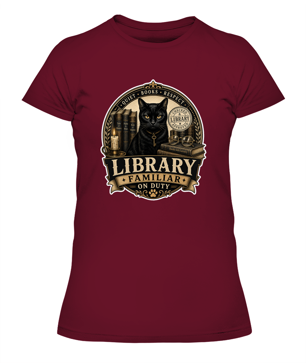 Library Familiar on Duty Ladies T-Shirt | Black Cat Lover Gift