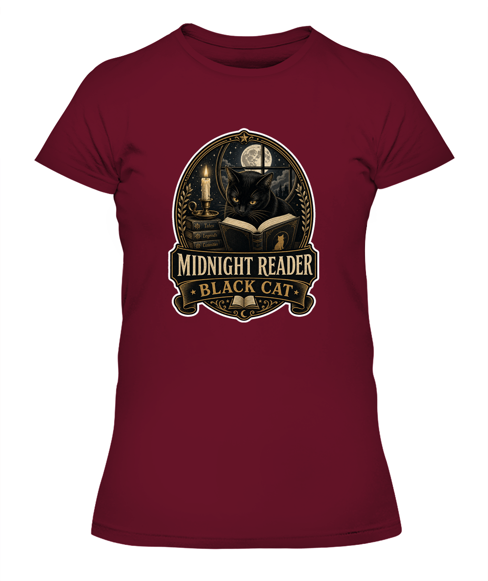 Midnight Reader Black Cat Ladies T-Shirt | Black Cat Lover Gift