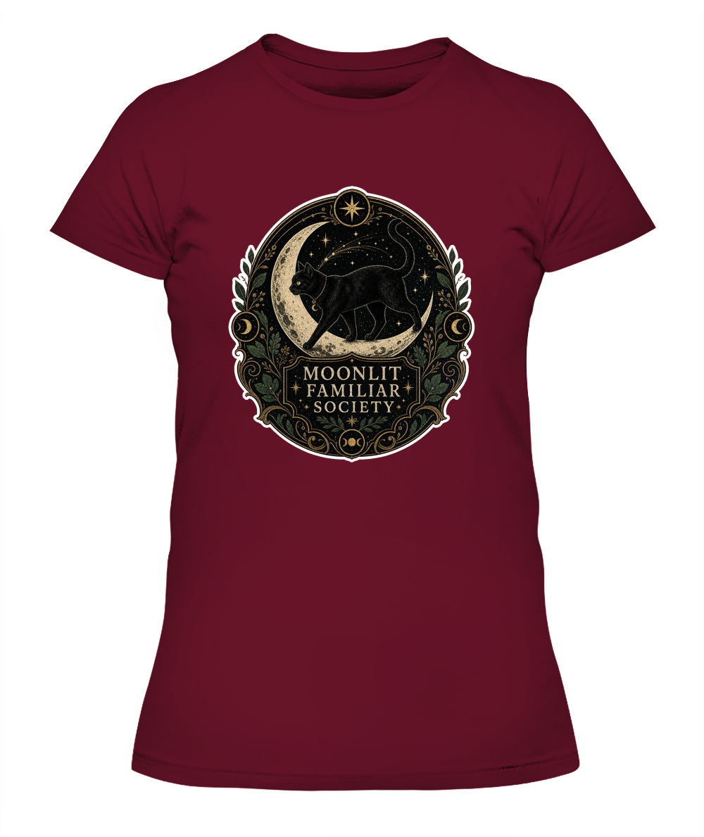 Moonlit Familiar Society Ladies T-Shirt | Black Cat Lover Gift