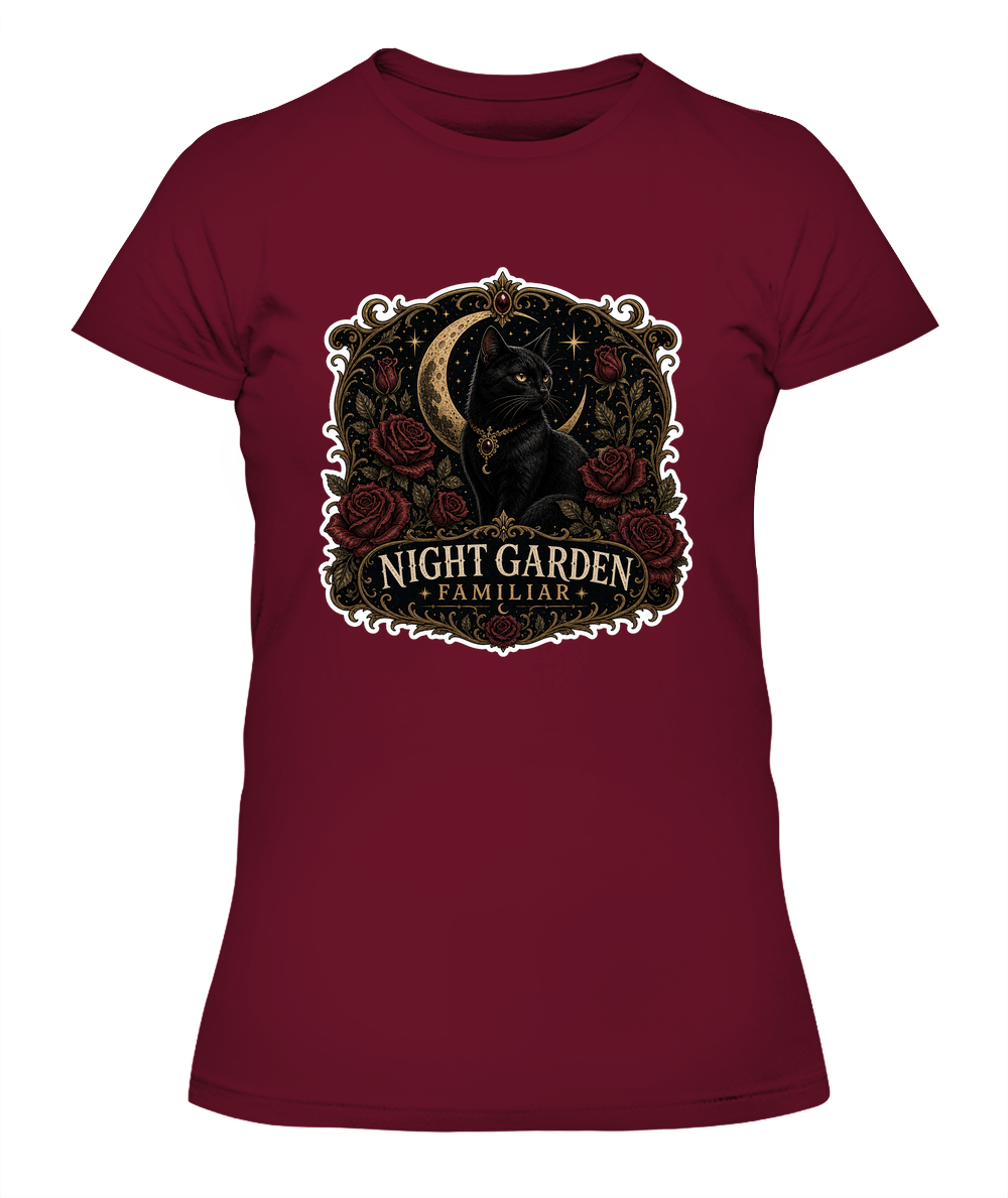 Night Garden Familiar Ladies T-Shirt | Black Cat Lover Gift