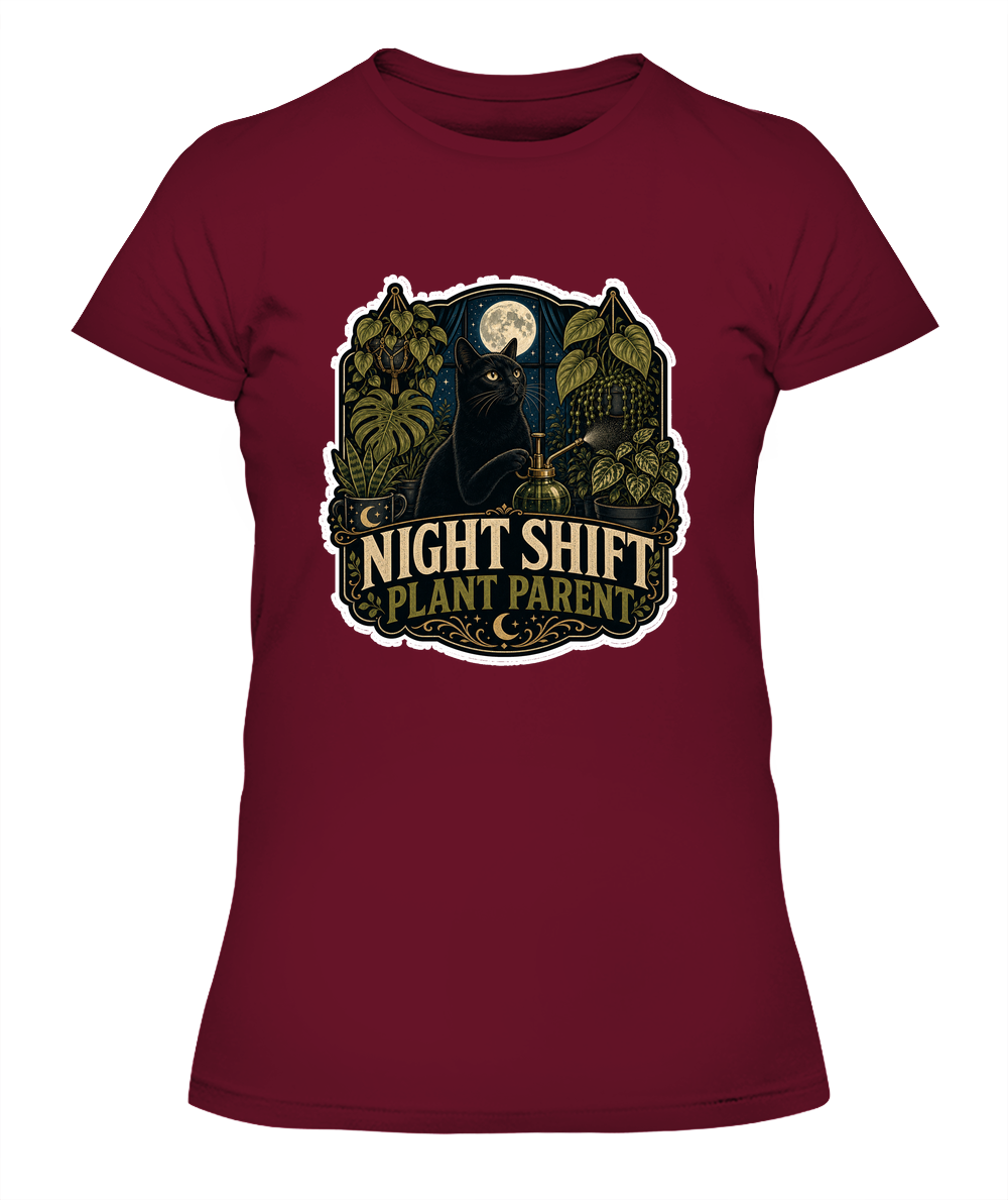 Night Shift Plant Parent Ladies T-Shirt | Black Cat Lover Gift