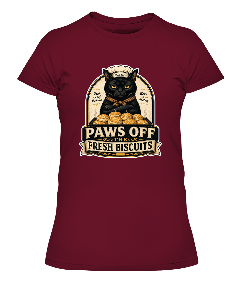 Paws Off the Fresh Biscuits Ladies T-Shirt | Black Cat Lover Gift