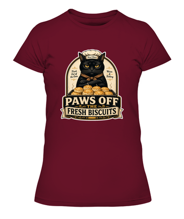 Paws Off the Fresh Biscuits Ladies T-Shirt | Black Cat Lover Gift
