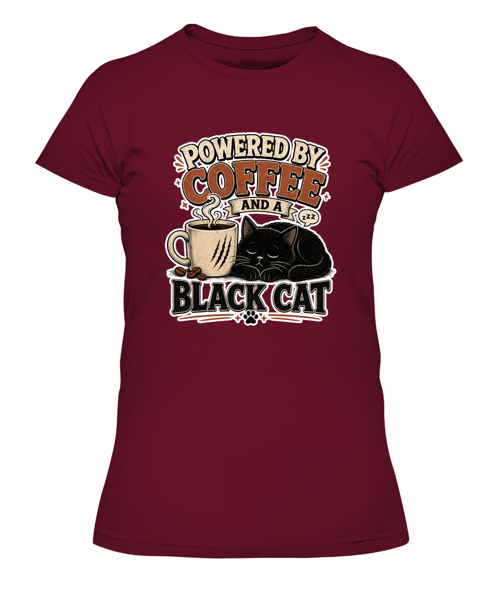 Powered by Coffee and a Black Cat Ladies T-Shirt | Black Cat Lover Gift