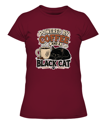 Powered by Coffee and a Black Cat Ladies T-Shirt | Black Cat Lover Gift