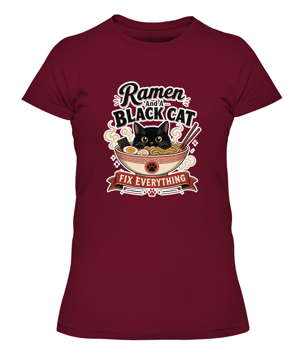 Ramen and a Black Cat Fix Everything Ladies T-Shirt | Black Cat Lover Gift