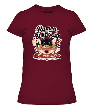 Ramen and a Black Cat Fix Everything Ladies T-Shirt | Black Cat Lover Gift