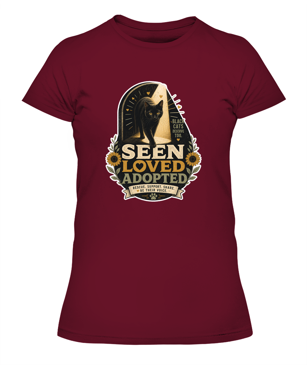 Seen Loved Adopted Ladies T-Shirt | Black Cat Lover Gift
