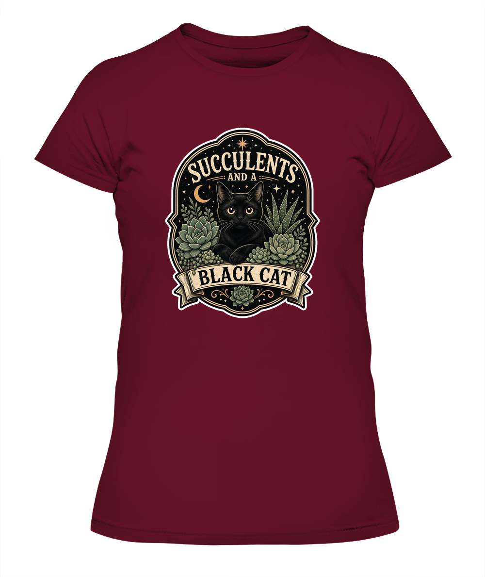 Succulents and a Black Cat Ladies T-Shirt | Black Cat Lover Gift