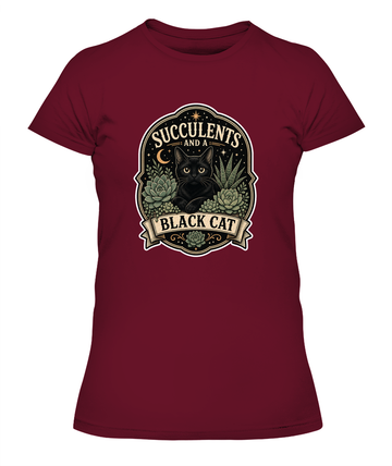 Succulents and a Black Cat Ladies T-Shirt | Black Cat Lover Gift