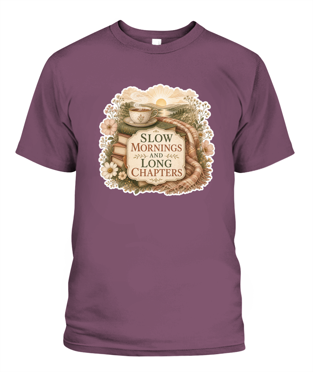 Slow Mornings and Long Chapters Book Lover T-Shirt | Reading Gift