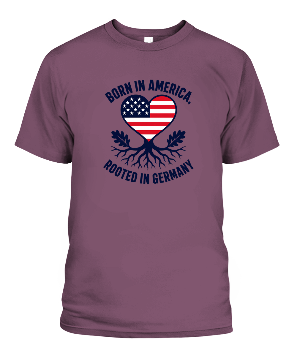 Born In America, Rooted In Germany — T-Shirt in Berry