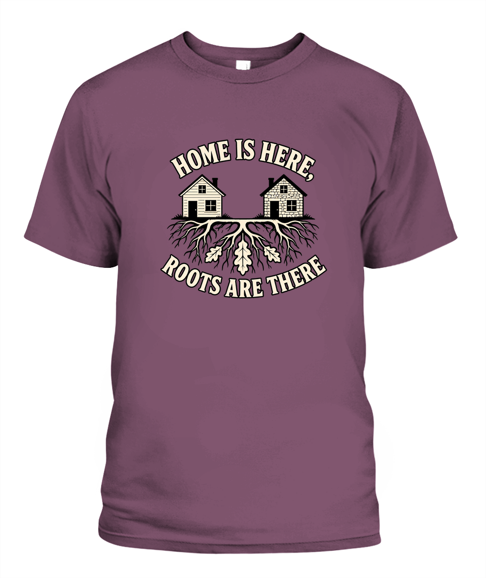 Home Is Here, Roots Are There — T-Shirt in Berry