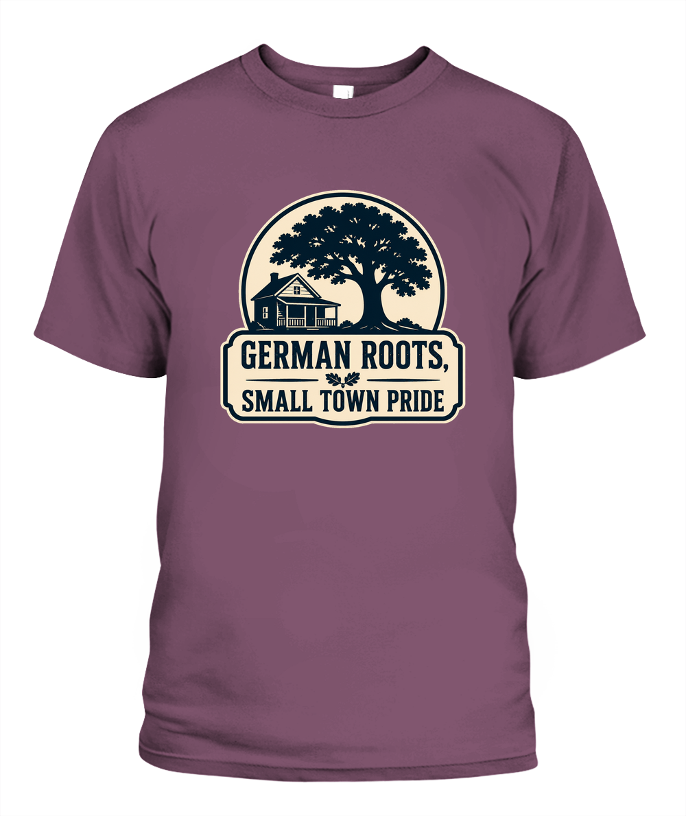 German Roots, Small Town Pride — T-Shirt in Berry