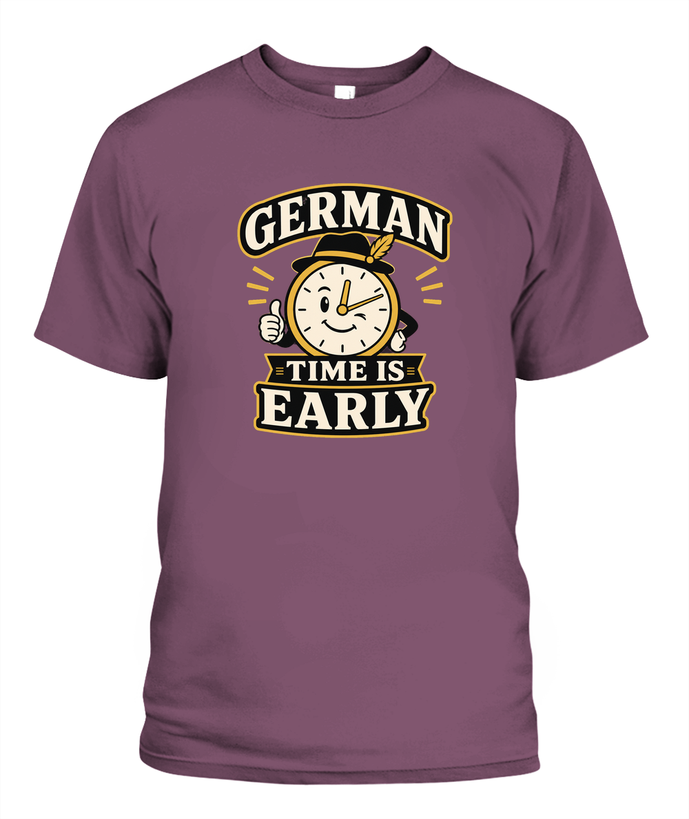 German Time Is Early — T-Shirt in Berry