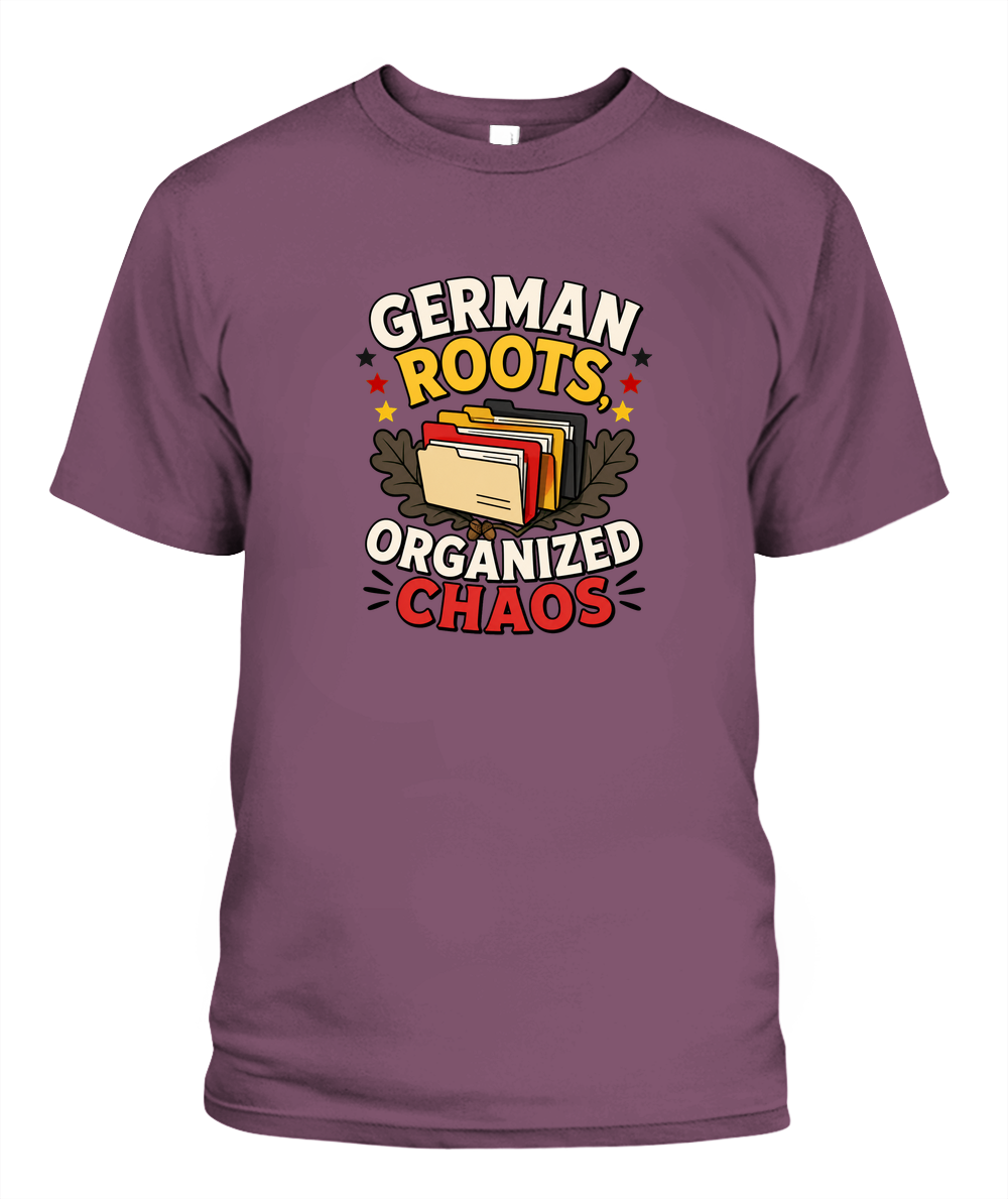 German Roots, Organized Chaos — T-Shirt in Berry