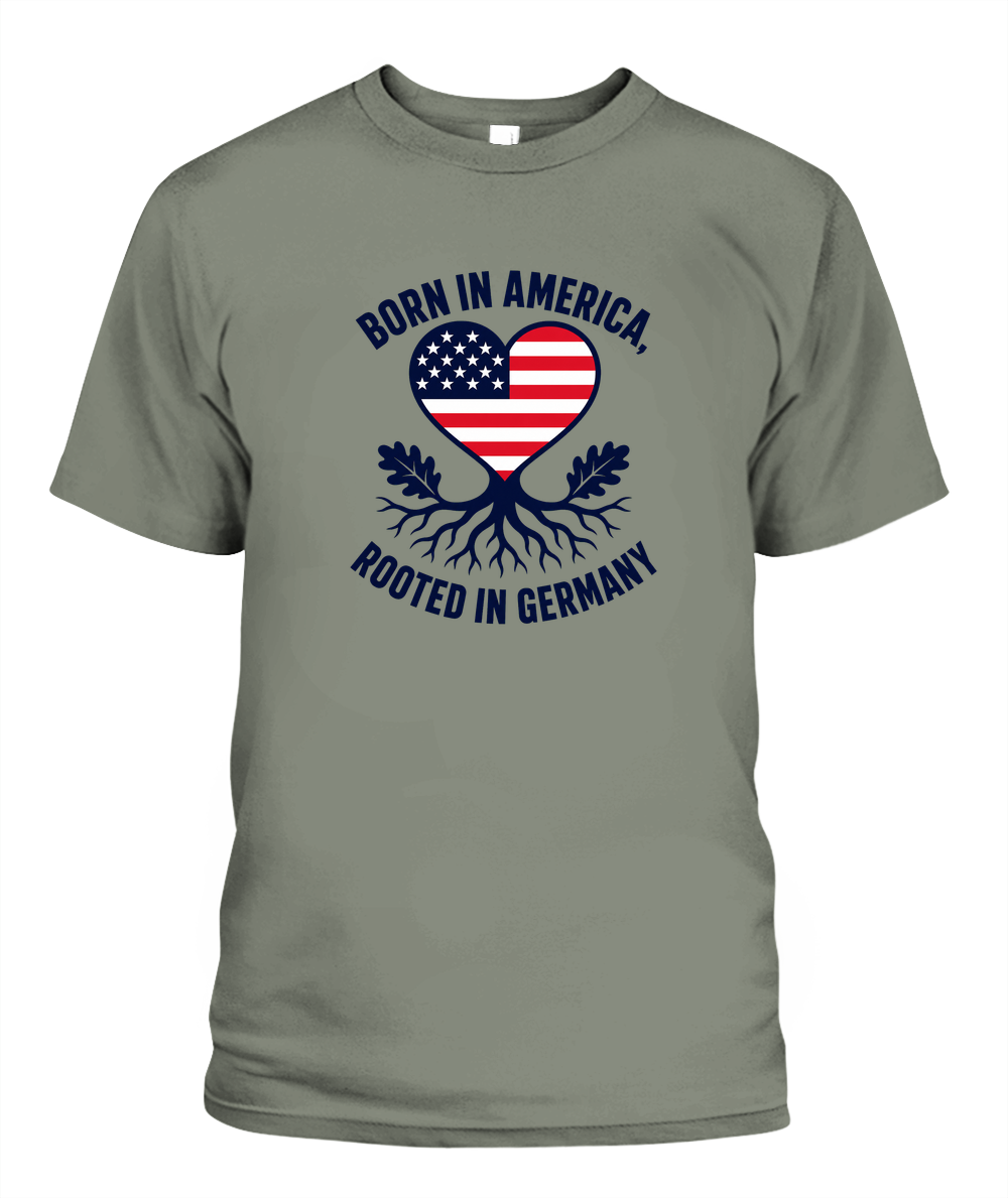 Born In America, Rooted In Germany — T-Shirt in Moss