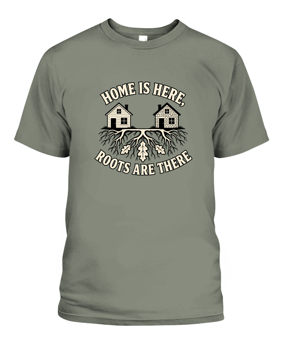 Home Is Here, Roots Are There — T-Shirt in Crimson