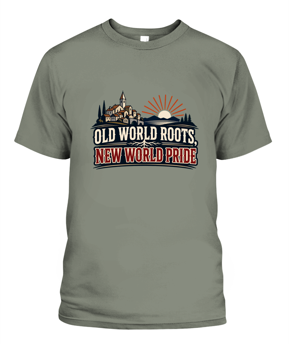 Old World Roots, New World Pride — T-Shirt in Granite