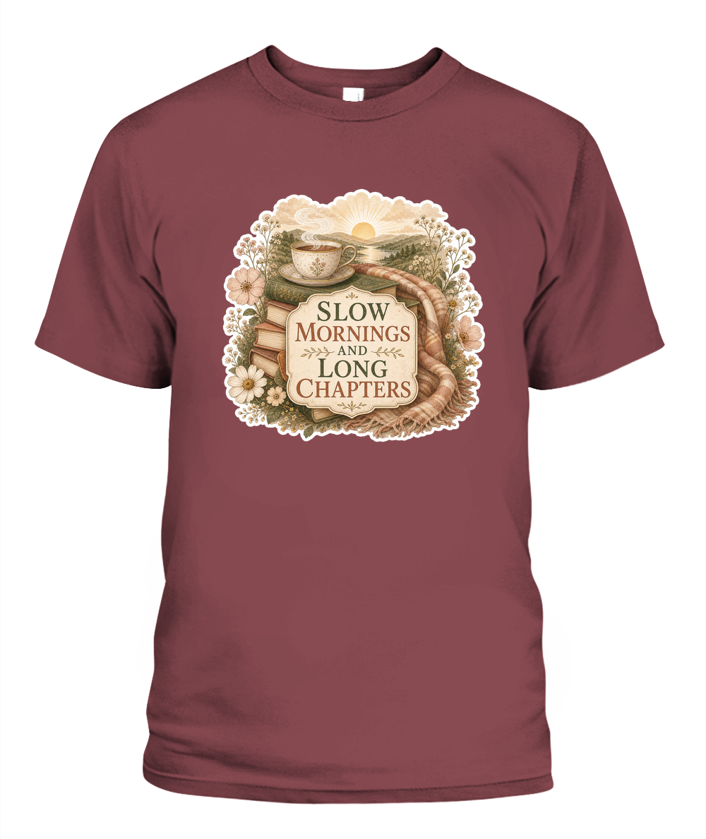 Slow Mornings and Long Chapters Book Lover T-Shirt | Reading Gift
