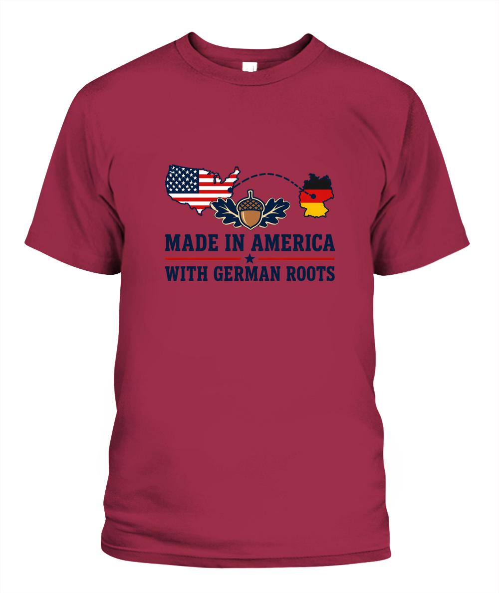 Made In America With German Roots — T-Shirt in Crimson