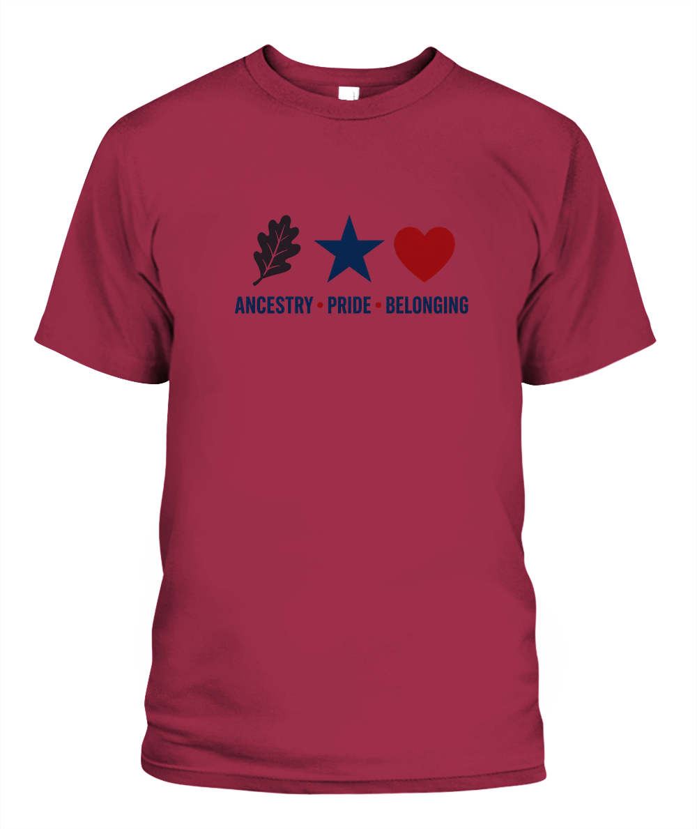 Ancestry, Pride, Belonging — T-Shirt in Crimson