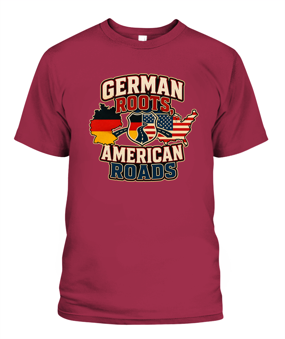 German Roots, American Roads — T-Shirt in Crimson