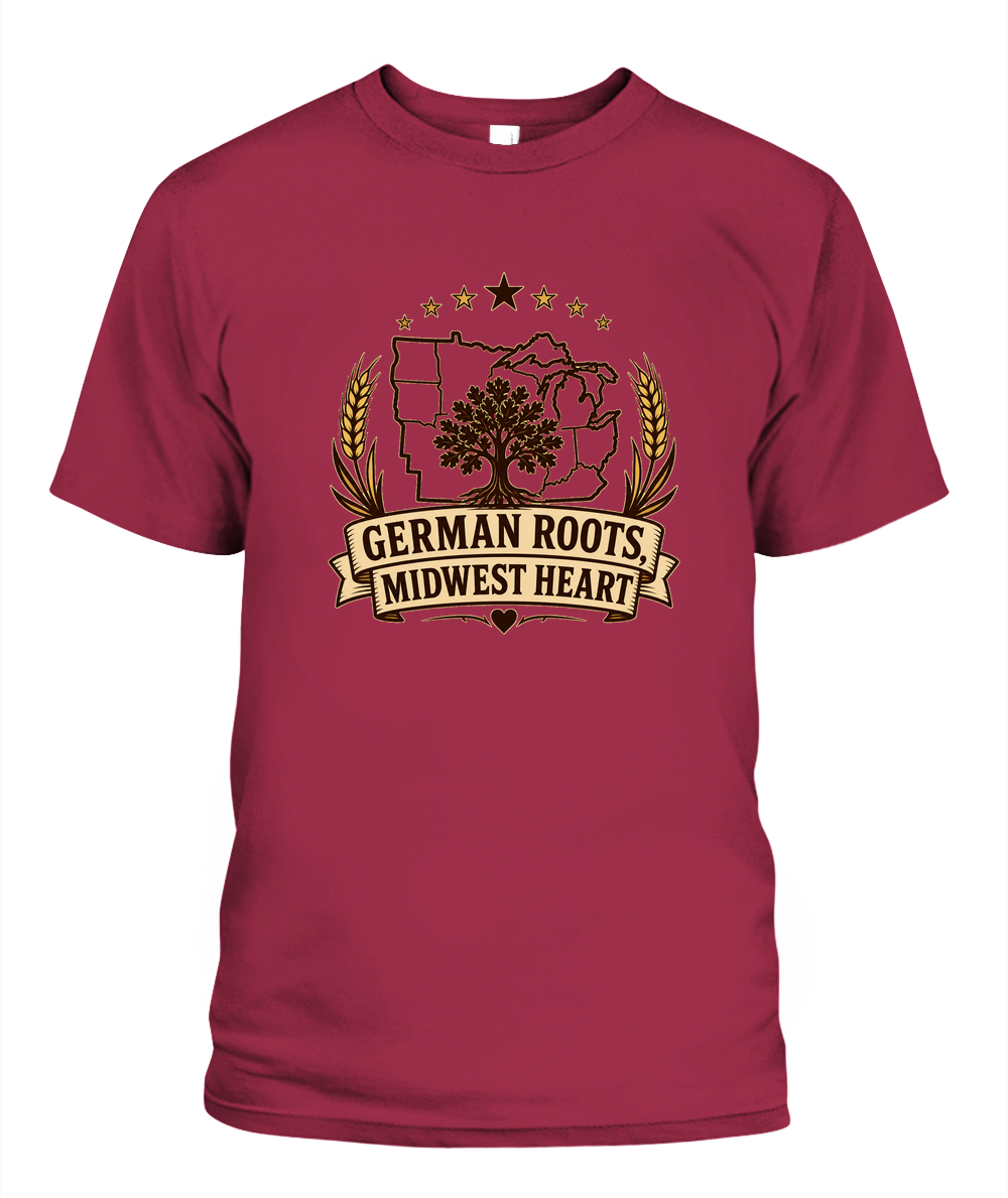 German Roots, Midwest Heart — T-Shirt in Crimson