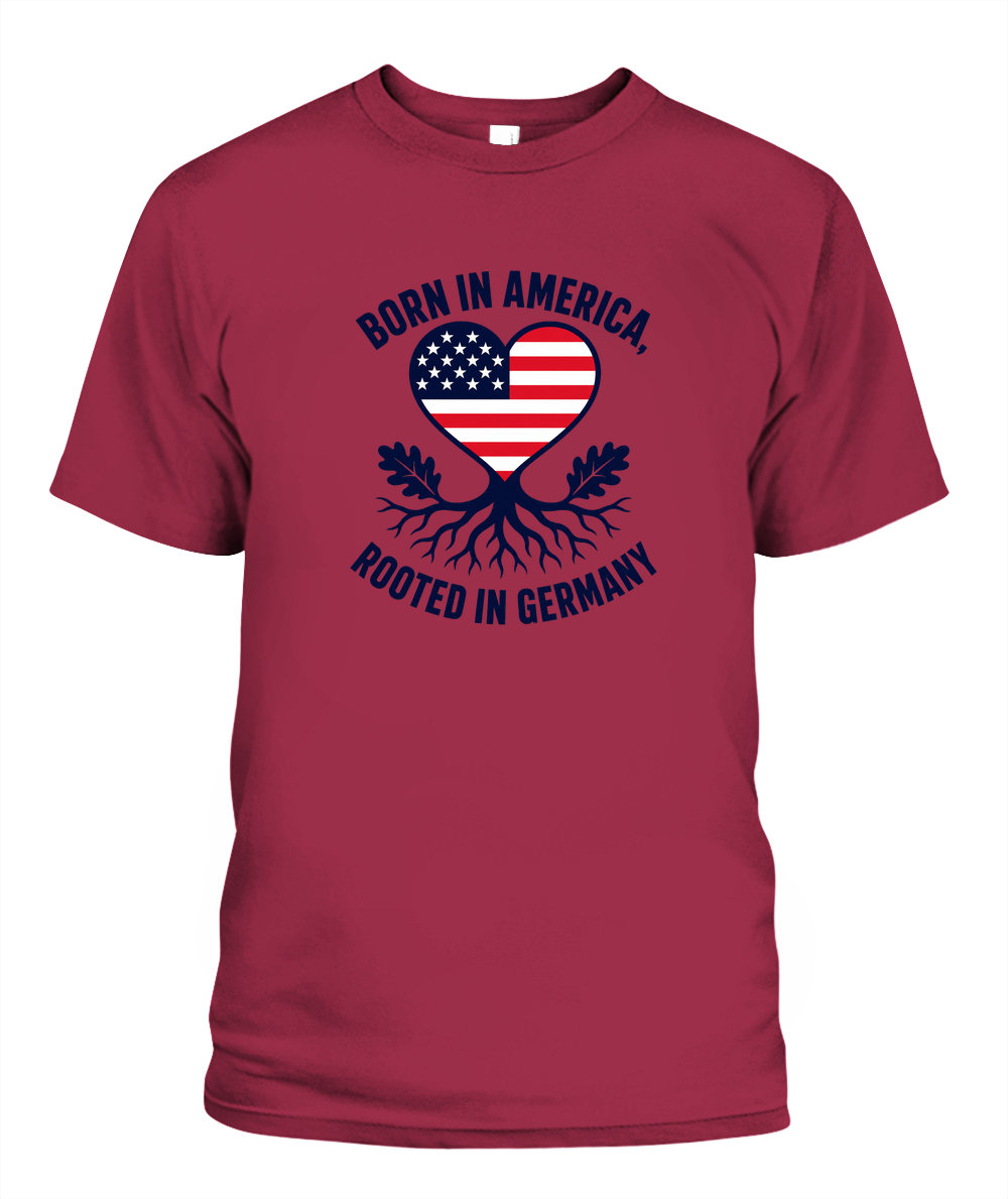 Born In America, Rooted In Germany — T-Shirt in Crimson
