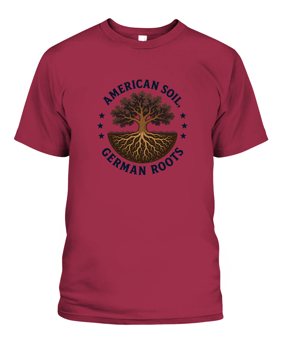 American Soil, German Roots — T-Shirt in Crimson