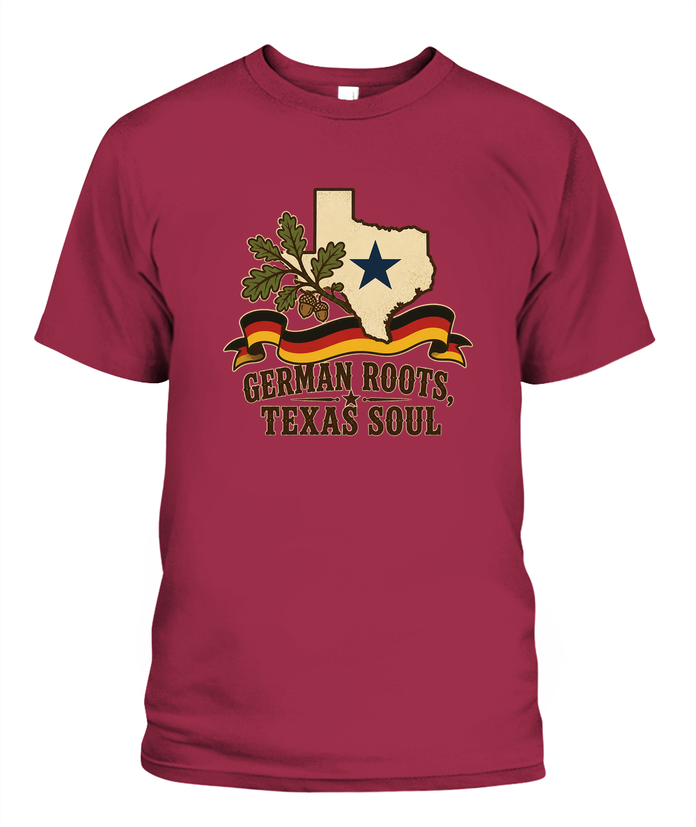 German Roots, Texas Soul — T-Shirt in Crimson