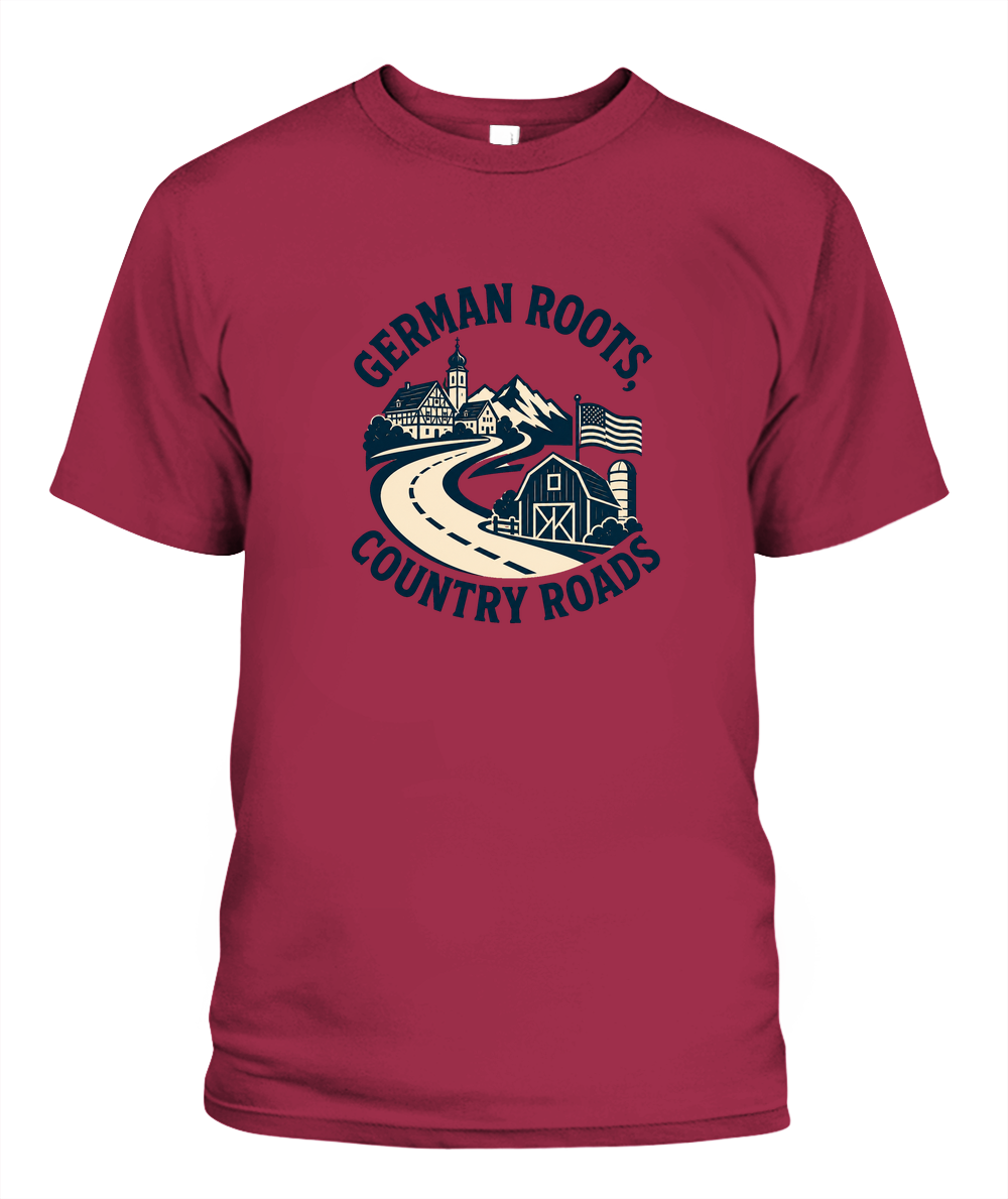 German Roots, Country Roads — T-Shirt in Crimson