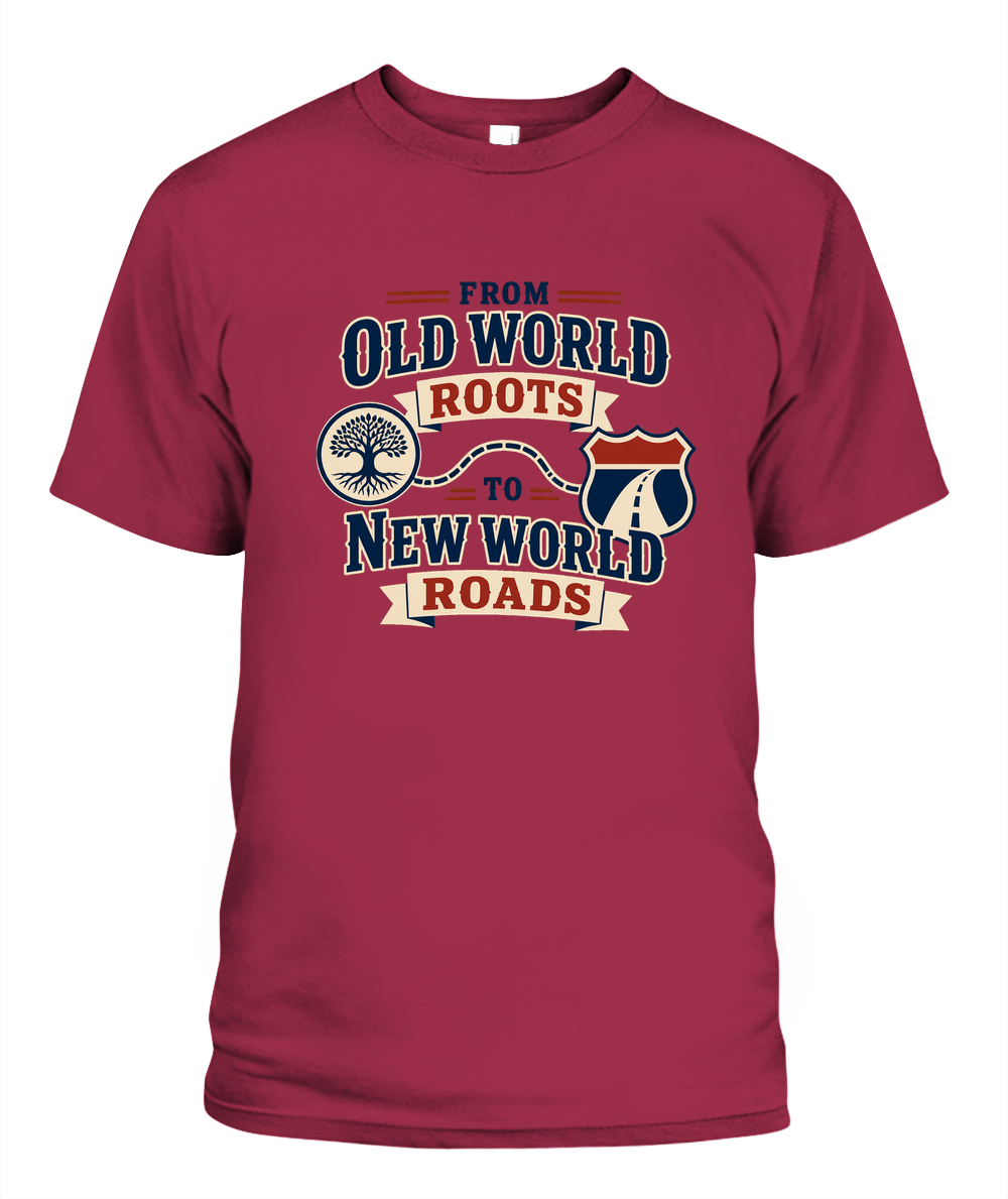 From Old World Roots To New World Roads — T-Shirt in Bay