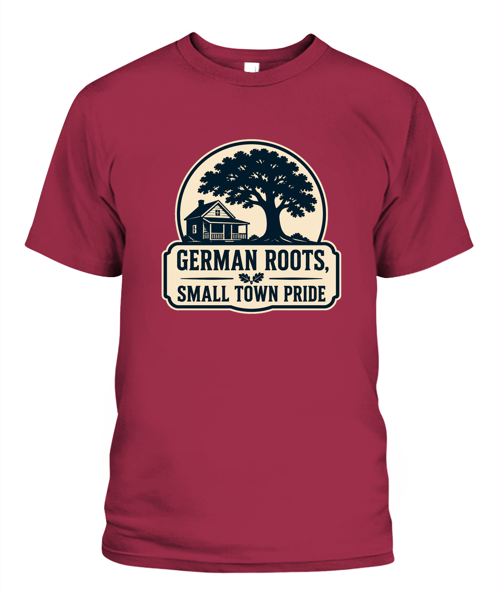 German Roots, Small Town Pride — T-Shirt in Crimson