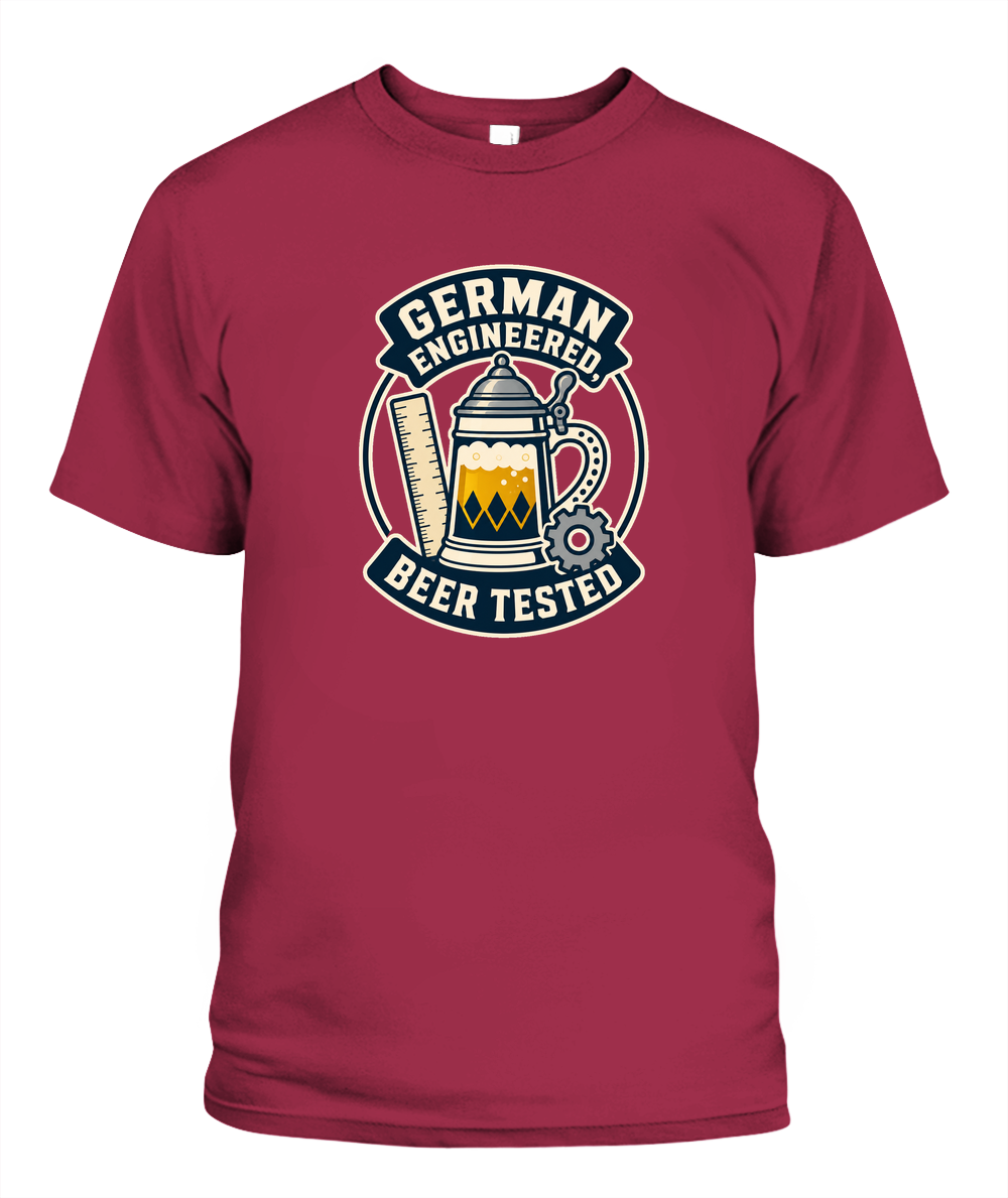 German Engineered, Beer Tested — T-Shirt in Crimson
