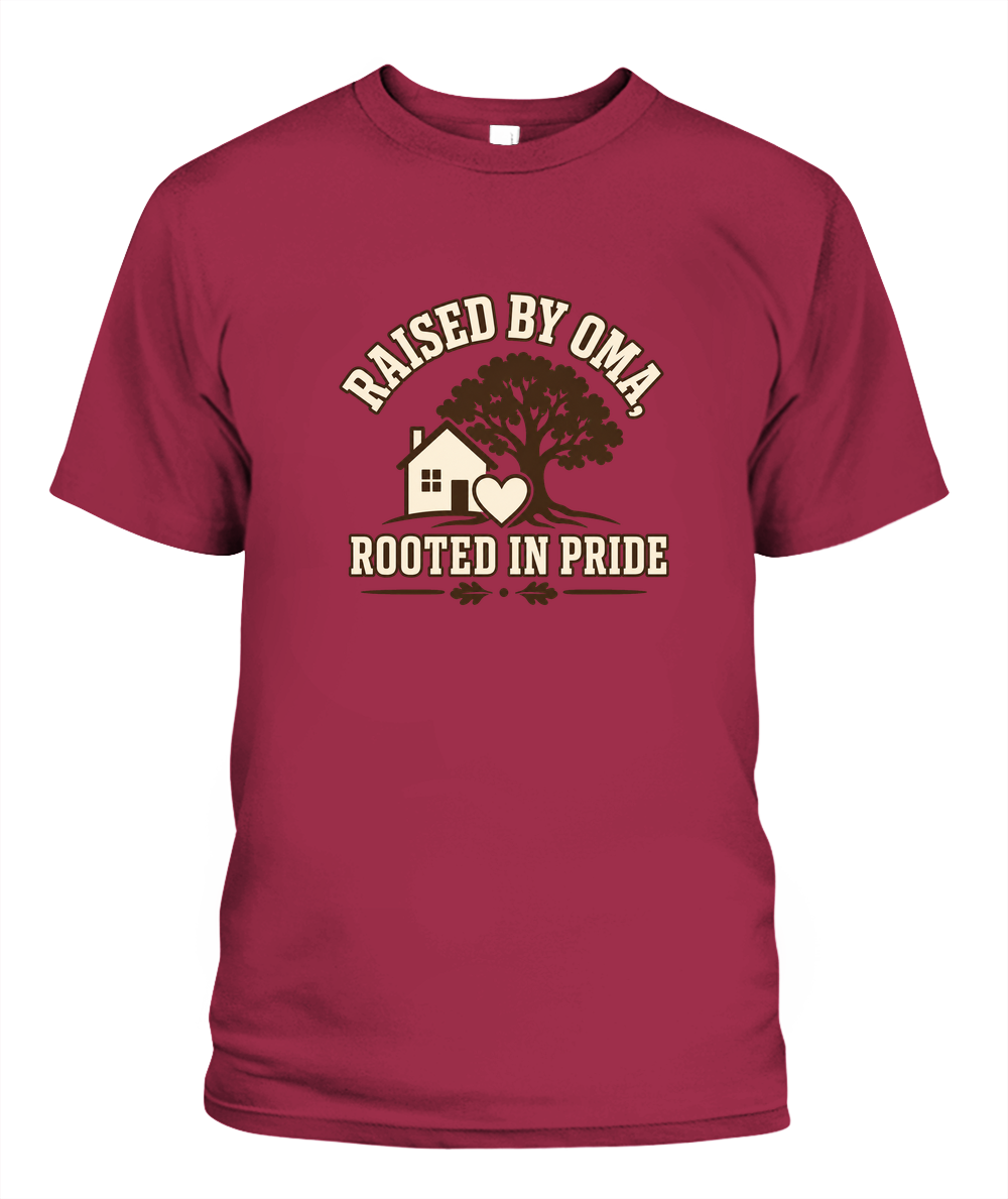 Raised By Oma, Rooted In Pride — T-Shirt in Crimson