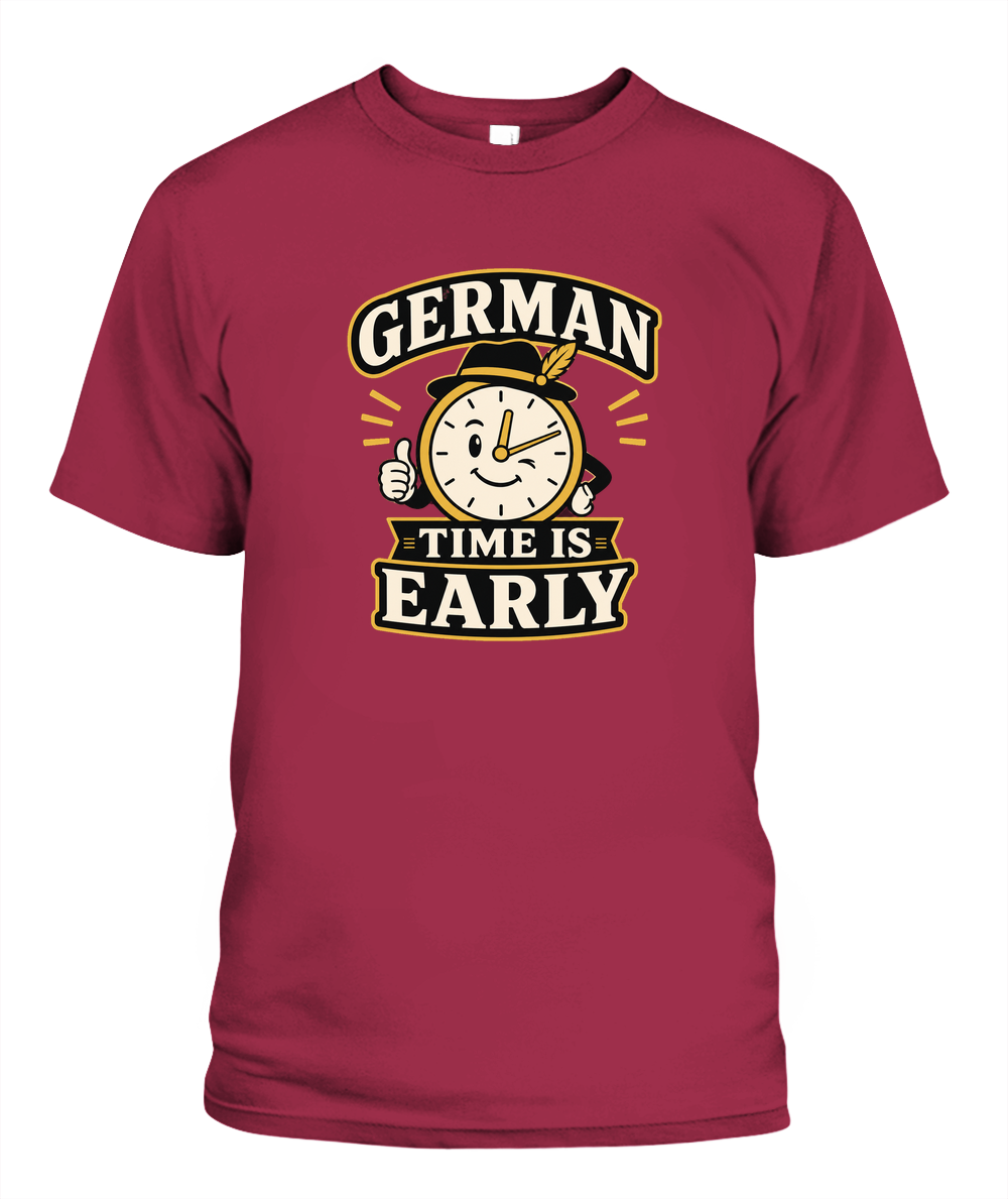 German Time Is Early — T-Shirt in Crimson