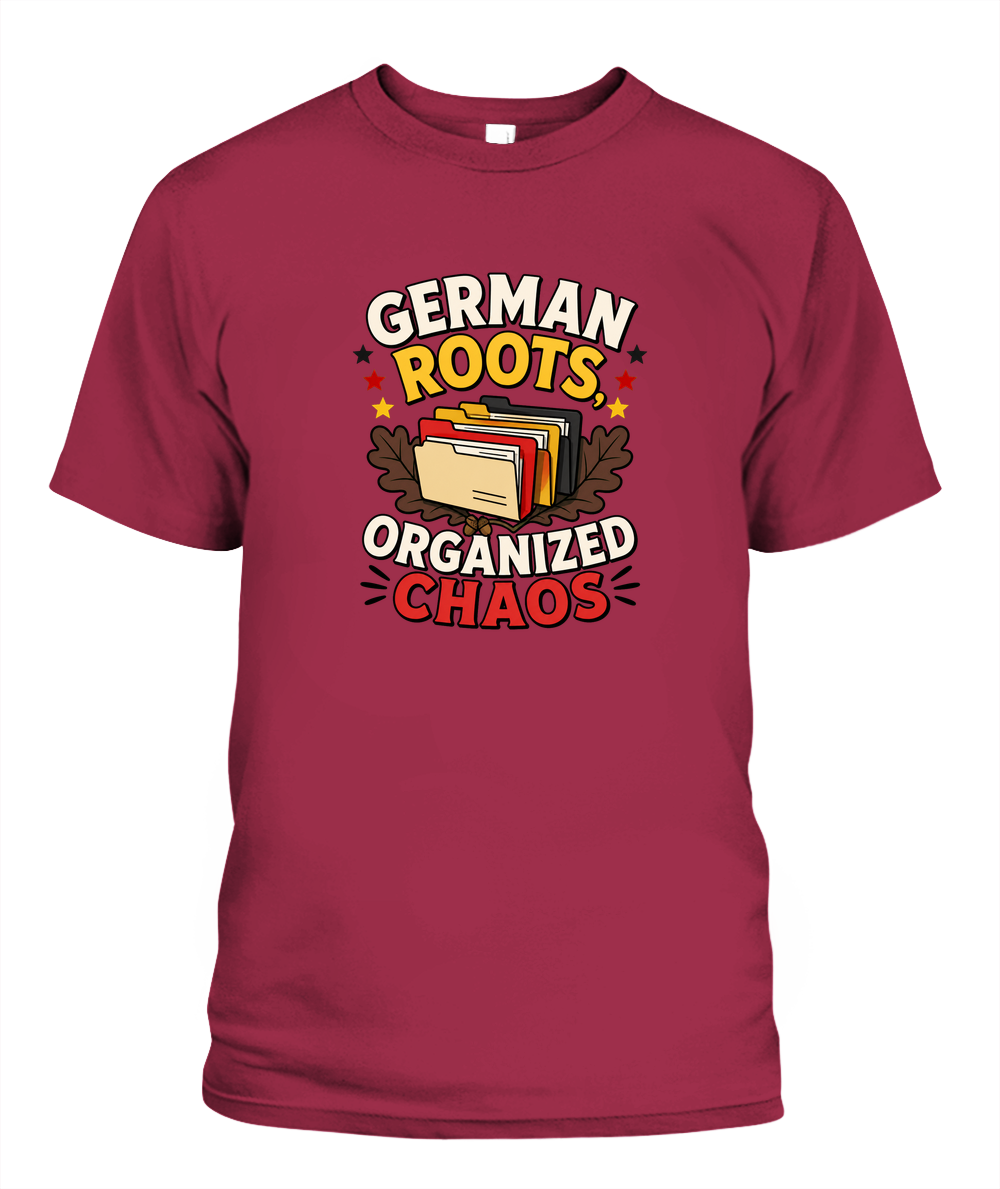 German Roots, Organized Chaos — T-Shirt in Crimson