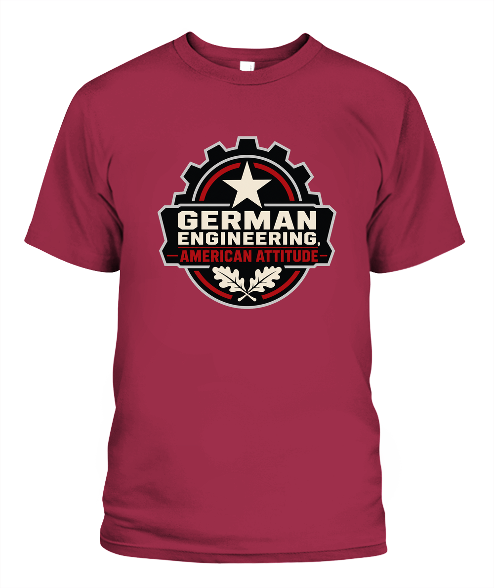German Engineering, American Attitude — T-Shirt in Crimson